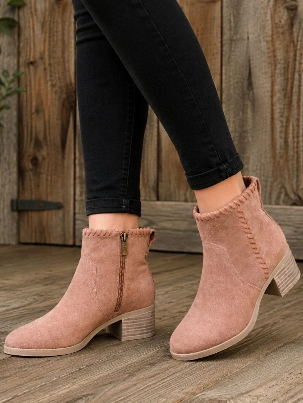 Toms NEW Delilah Western Boho Minimalist Suede Whipstich Block Heel Bootie 6.5M